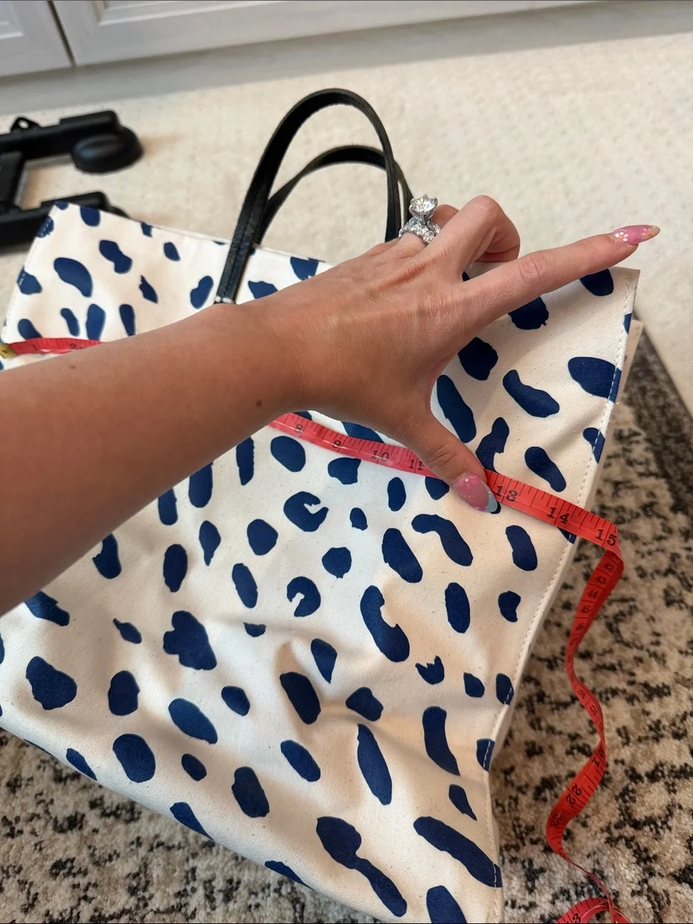 Clare V. Canvas Spot Tote with Navy Spots and Black Handles